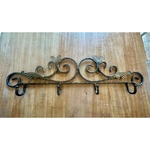 Vintage Wrought Iron Scroll Wall Hook Rack 4 Hook Coat Hat Towel Hanger Bronze